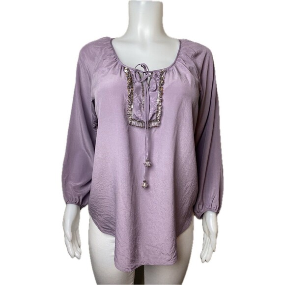 F. Rebecca Taylor Silk Top Size 10 Embellished Blouse Long Sleeve Round Neck - Picture 1 of 6